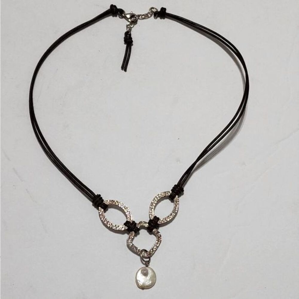 SILPADA Sterling Silver Brown Leather Coin‎ Pearl Necklace # N1257